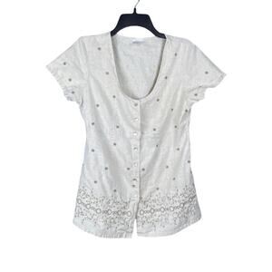 Motherhood Maternity Linen Blend Beige Embroidered Blouse w/ Tie Back Medium‎